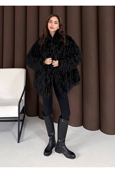 gülem giyim Püsküllü Kürk Kaban Siyah