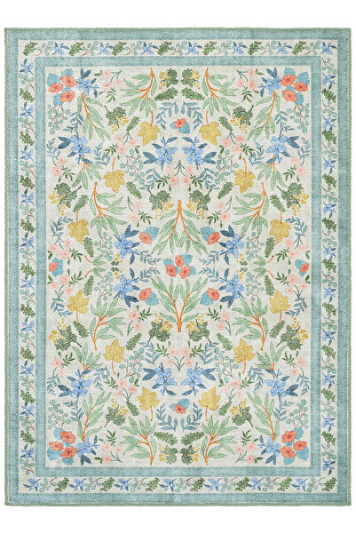 Cool Halı Florence Krem Yeşil Çok Renkli Bordürlü Çiçekli Otantik Bohem Yıkanabilir Dokuma İnce Salon Halısı