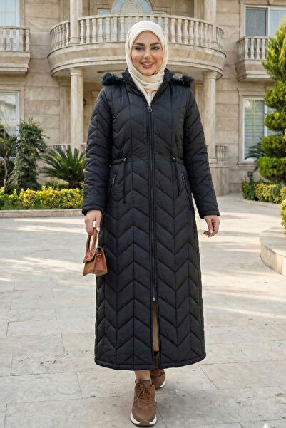 Hb Harma Time Butik Women's Lined K Hooded Black Quilted Coat