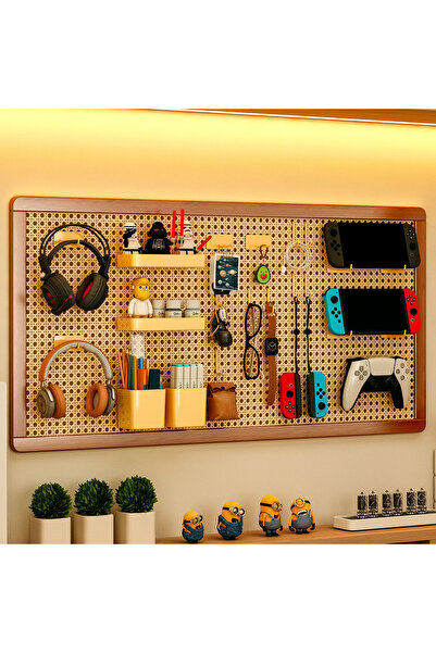 Generic Rattan Pegboard Wall Organizer Mounted Storage Board with Hooks Bamboo Frame Nail Free Installation