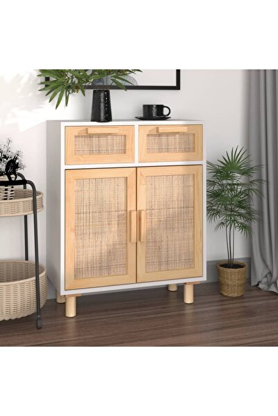 vidaxl خزانة جانبية بيضاء 60×30×75 سم من خشب الصنوبر الصلب والروطان الطبيعي