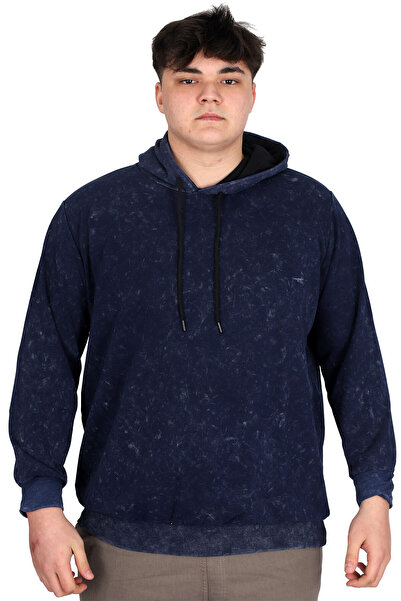 ModeXL Mode XL Large Size Men's Hooded Sweatshirt Acid Wash Interlock U24167 Navy Blue