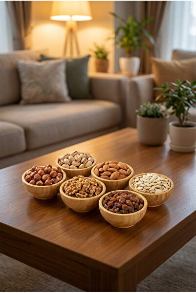 MAKRİ HOME Bamboo 6-Piece Snack & Nut Presentation Set Oval – with Tray, Natural Wood Serving Bowl