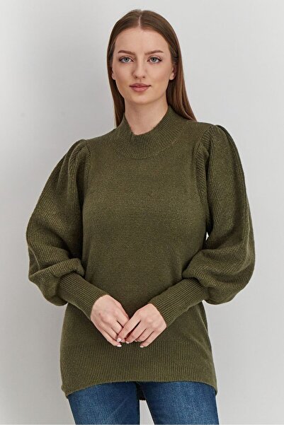 French Connection Women Turtle Neck Balloon Sleeve Textured Sweater, Olive