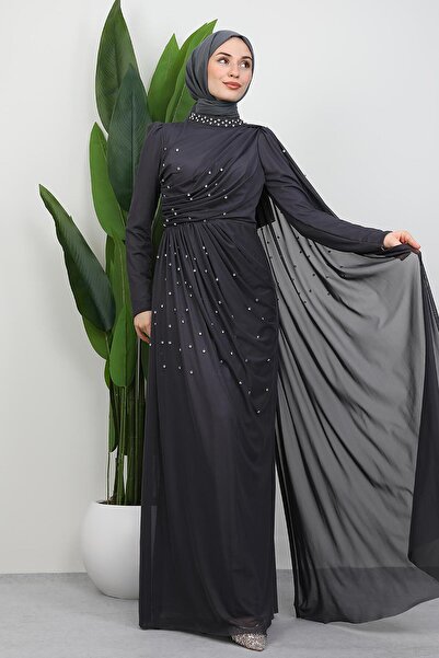 GİYZAMİLA İlke Tulle Evening Dress Dark Gray