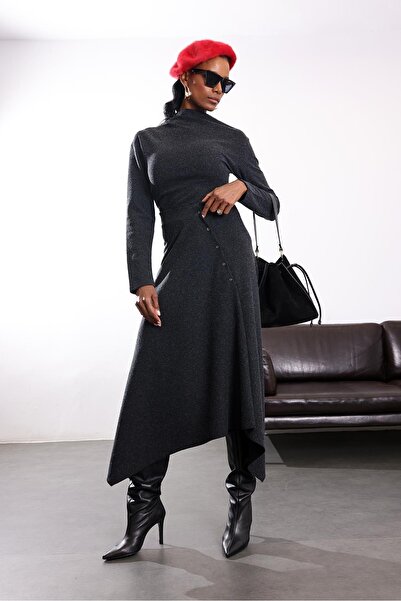 5in1Canpolat Anthracite Asymmetrical Cut Knitwear Skirt 17298