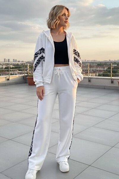 Mossta Front Zippered Leopard Stripe Modal Double Suit - White