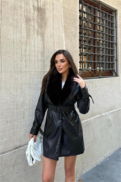 Neşeli Butik Жіночий короткий шкіряний пальто з коміром, хутряними деталями, ґудзиками та поясом NBSTR1009