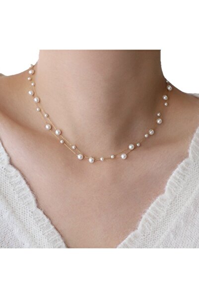 Choice قلادة لؤلؤ من الفولاذ المقاوم للصدأ، قلادة شوكر أنيقة بسلسلة لؤلؤ للنساء، مقاومة للماء.