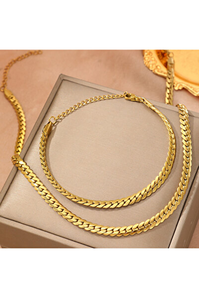 Choice قلادة وسوار من الفولاذ المقاوم للصدأ 316L بلون ذهبي، بسلسلة عريضة مسطح...