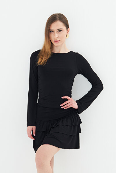 ESPİNA Women's Etegi Layered Ruffle Stretch Fabric Viscose Mini Length Dress