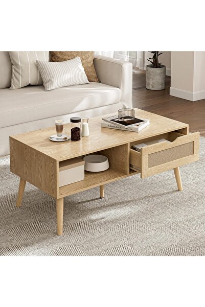 Yanara Coffee Table, Bohemian with Storage, Faux Rattan Drawers & Solid Wood Legs for Living Room