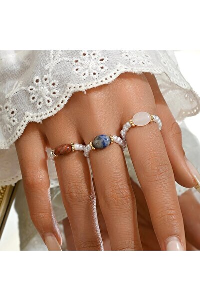 Choice White 3 PCS Set Natural Stone Pearl Beaded Rings For Women Simi Precious Stone White Pearl Elastic R