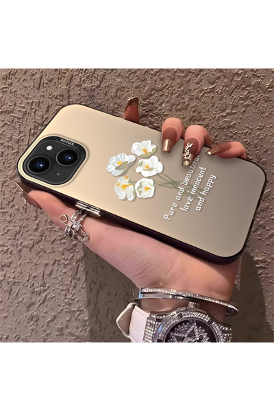 ucuc iPhone 14 Plus/15 Plus Uyumlu Silikon Kenar Akrilik Arka Beyaz Çiçek Kor...
