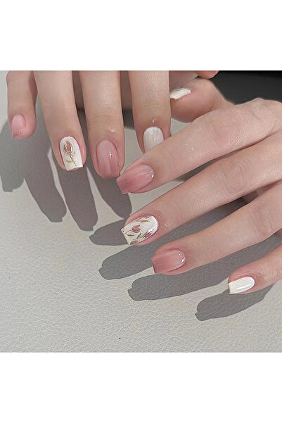 Choice QHR759 24 PCs Short French Gradient Simple Floral Nails with 1 Jelly Glue and 1 Nail File