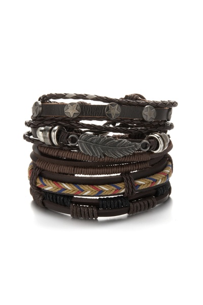 Choice BR22Y0230 5Pcs/Set Vintage Star Feather Leather Rope Bracelets For Men Women Gothic Punk Multilayer