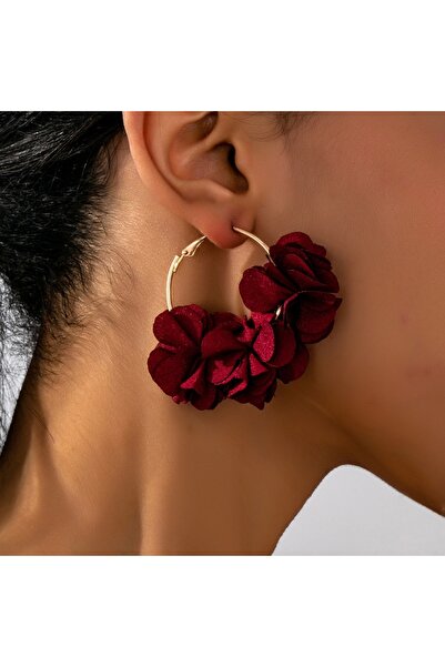 Choice Red A Pair of Fashionable Hoop Earrings for Women, Elegant Floral Fabr...