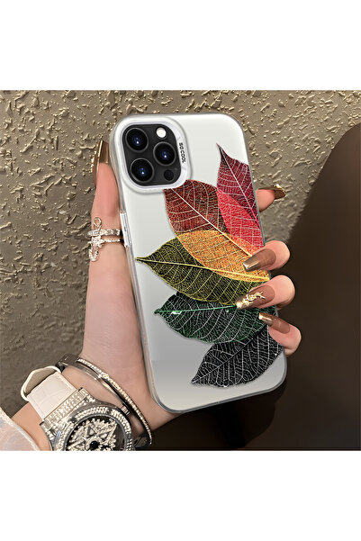 ucuc iPhone 14 Pro Max Compatible Silicone Edge Acrylic Back Colorful Leaf Pr...