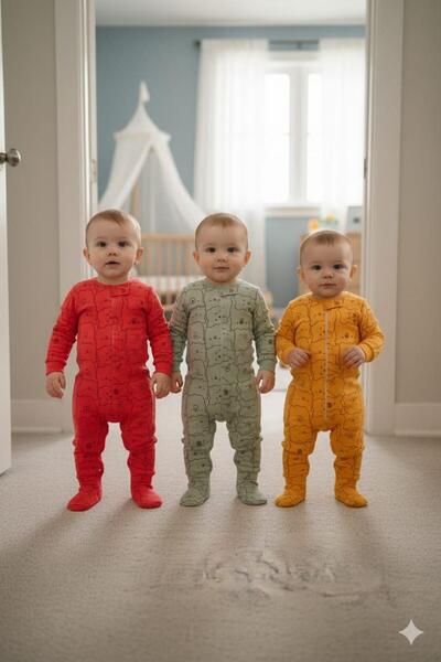 kidello Yellow Baby Boy 100% Cotton Zippered 3-Piece Colorful Teddy Bear Patterned Cuffed Romper Set (9 Months 12 Months 18 Months)