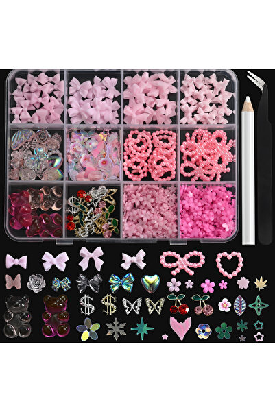 Choice 2 12Grids 3D Multi-Colors Ribbon Flower Nail Art Charms Simulated Perals Love,Metal Bowknot Nail De.