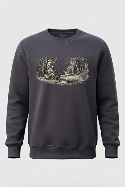 WİDİ Nature and Hunting Forest Scene Printed 100% Cotton Regular Fit Crew Neck 3 Thread Winter Sweatshirt