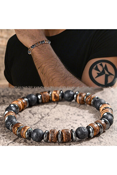 Choice style D Men's Lava and Wood Bead Bracelet, Embellished with Hematite, ...
