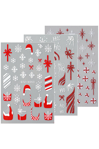 Choice STZ-X053-054-060 3pc 3D Festive Christmas Nail Art Stickers Red Xmas Hats Bowknot Candy Snowflake Fr