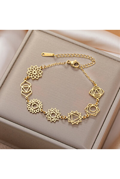 Choice سوار يوجا ذهبي اللون، بطول 17-22 سم، مزين بسبعة شاكرات، مصنوع من الفول...