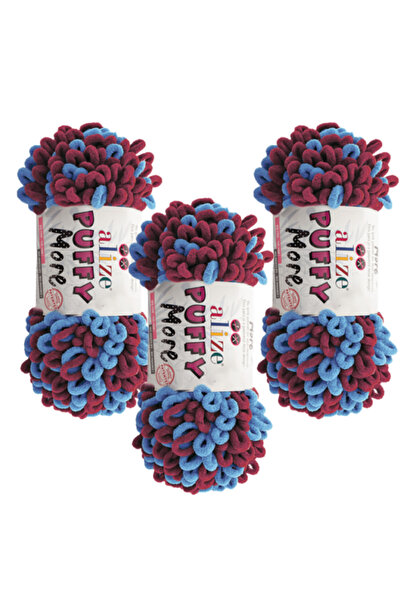 Alize Puffy More Hand Knitting Yarn 3 Pieces – 6633 Burgundy Blue – Fan Colors – Blanket, Scarf, Vest