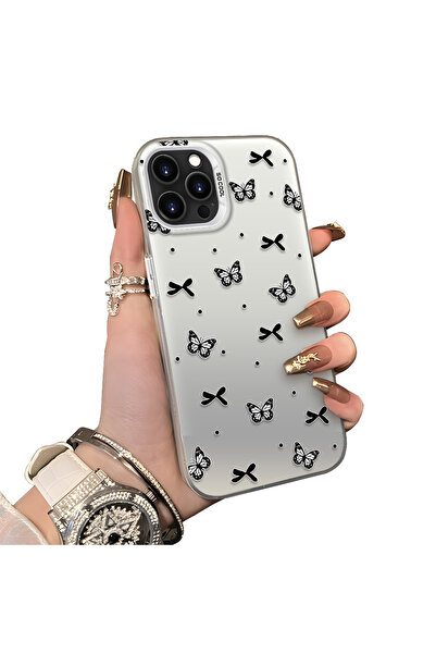 ucuc iPhone 14 Pro Max Compatible Acrylic Back Silicone Edge Bow Protective Case