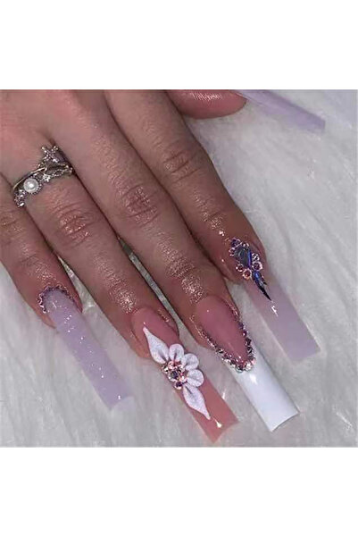 Choice SGCY-291 24 Piece Long Coffin Style Glossy Gradient&flower Pattern 3D Rhinestone Decoration Complete