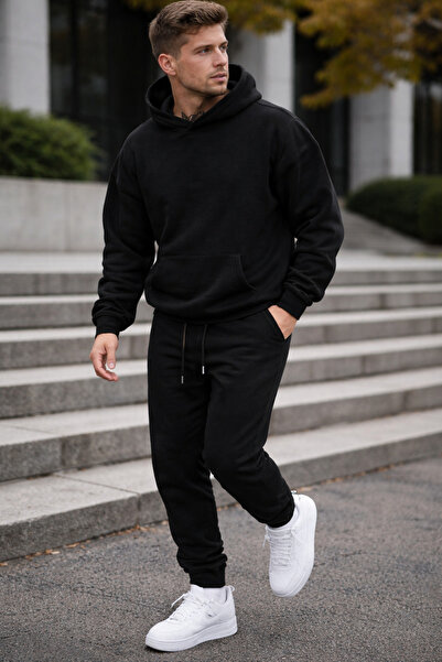 NAKRUF Set de trening negru cu glugă pentru bărbați, iarnă, cu buzunar cangur...