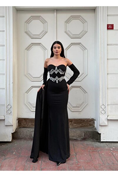 Modafeminen Flexible fukuro fabric, staple collar, stone-embellished front, train evening gown 583358 black