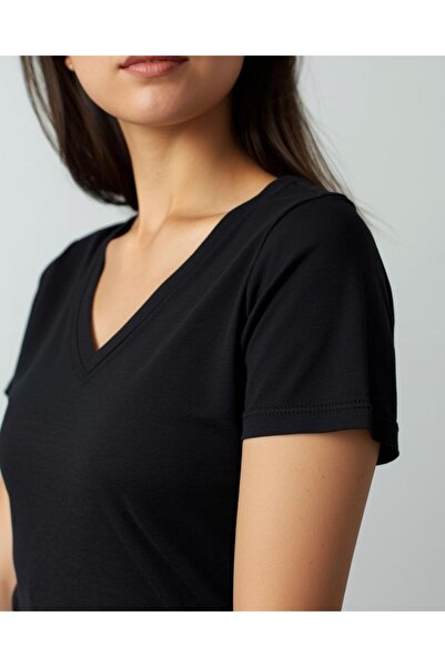 Leirose تي شيرت نسائي أساسي مصنوع من القطن بنسبة 100% برقبة على شكل حرف V - أسود