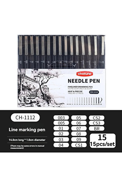 Choice 15Pcs Set Black Micro Pens,15 Sizes,Waterproof Archival Ink,Fine Point Pen for Artist Illustration,S