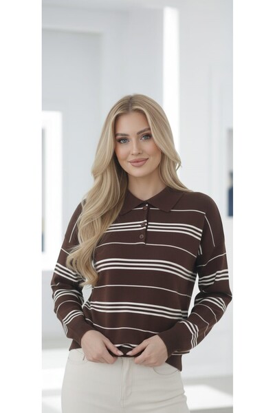 ZARİNCE LİFE Women's Oversized Button Polo Neck Striped Knitwear Sweater