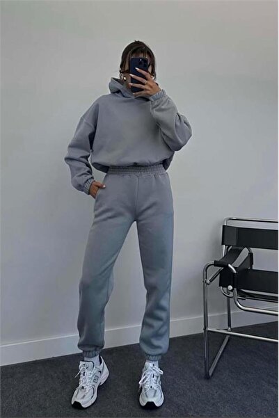 Neşeli Butik Women's Cycling Collar Shardon Tracksuit Set Gts020 - Gray