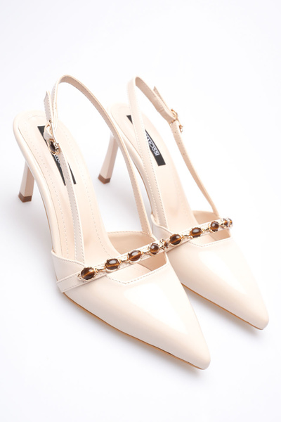 AleWomen Pantofi de damă cu toc cu pietre aplicate din piele lacuită crem bej Hardi