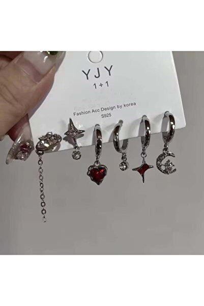 Choice طقم أقراط فضية عصرية بنمط قوطي مرصعة بنجمة حمراء مرصعة بالكريستال، منا...
