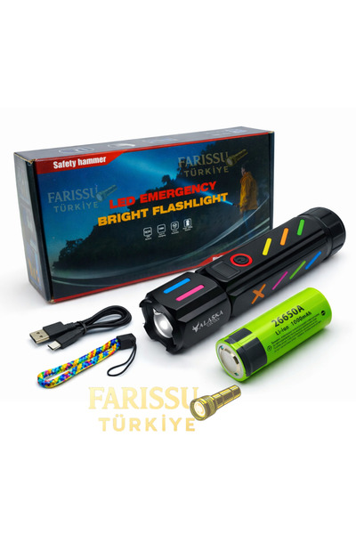 farissu Zoomlu Şarjlı LED El Feneri 30W 3000 Lümen | 1–1,5 Km Menzil | Acil D...