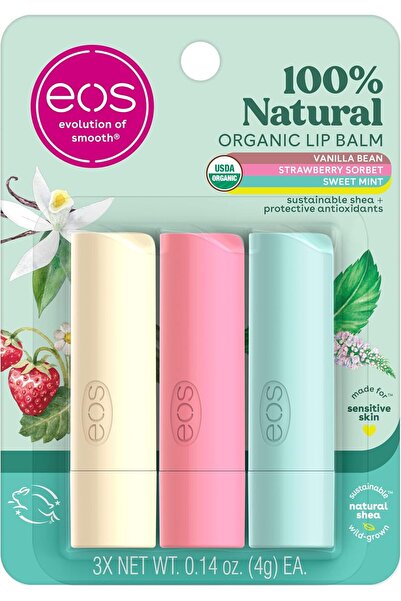 Eos 100% Natural & Organic Lip Balm Trio- Vanilla Bean, Sweet Mint, & Strawberry Sorbet, Made for Se