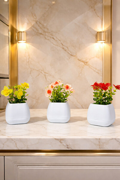 LABURN Planta de flori artificiale într-un ghiveci de dimensiuni mici 3 bucăți, decor de masă cu flori artificiale realiste