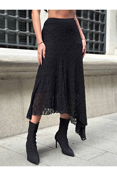 bobitex تنورة غير متماثلة من الدانتيل مع بطانة مرنة