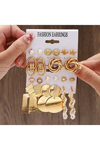 Choice أقراط حلقية عتيقة اللون من اللؤلؤ الصناعي الملتوي بتصميم هندسي معدني ع...