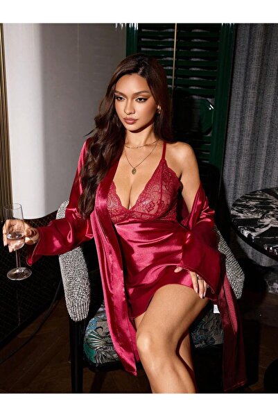 sempathy Set de cămașă de noapte și halat pentru femei, cu detalii din dantel...