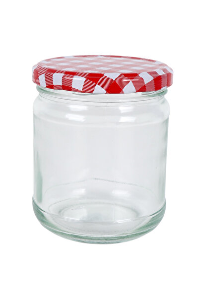 B&D Glass Jam Jars with Red Cotton Fabric Lids, 450 ml, Set of 8