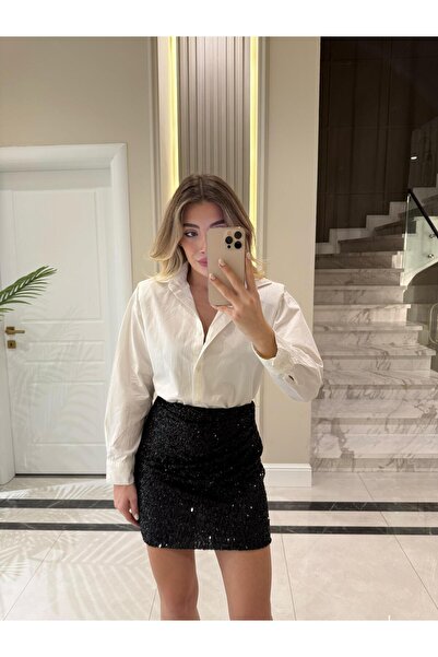 CKBUTİK Siyah Payetli Drapeli Etek