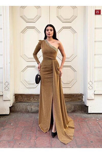 Modafeminen Flowers Pearl Detailed One Shoulder Evening Dress 583371 Gold