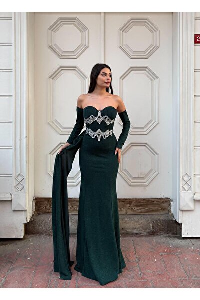 Modafeminen Flexible Fukuro Fabric Staple Collar Front Part Stone Embroidered Tail Evening Dress 583358 Emerald