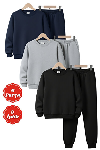 FYK KİDS 3-Ply Thick Sha Fleece-Lined Round Neck Plain Unprinted Winter 6-Piece Boys' Tracksuit Set